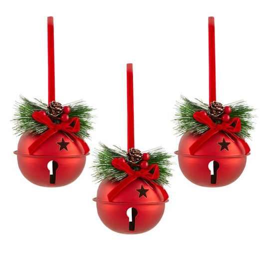 3-Pack Christmas Bell Hanging Ornaments – Festive Jingle Bells with Pine & Ribbon Décor