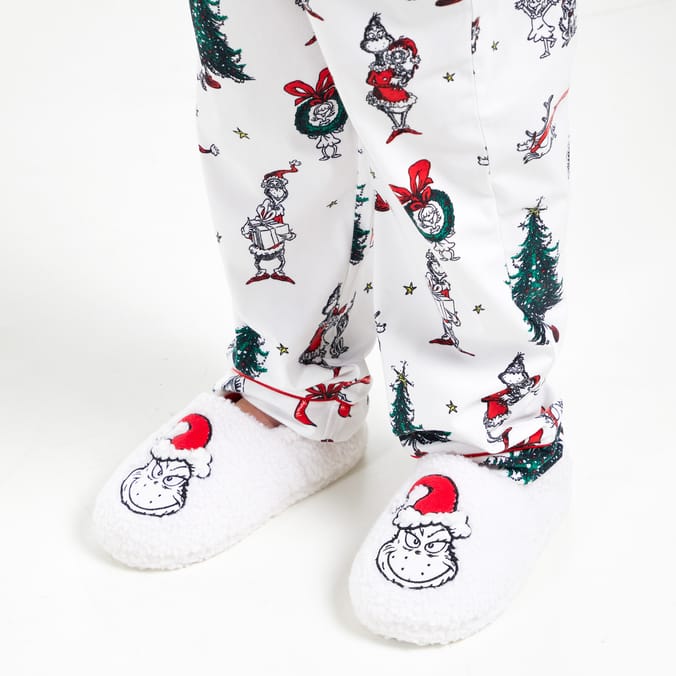 Adults Grinch Christmas Slippers – Fuzzy White Holiday House Shoes