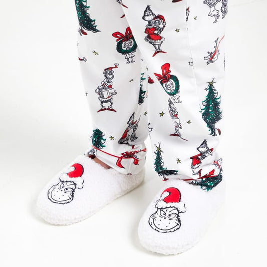 Adults Grinch Christmas Slippers – Fuzzy White Holiday House Shoes