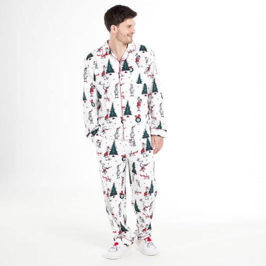 Men’s White Christmas Tree & Characters Pajama Set – Festive Holiday Sleepwear