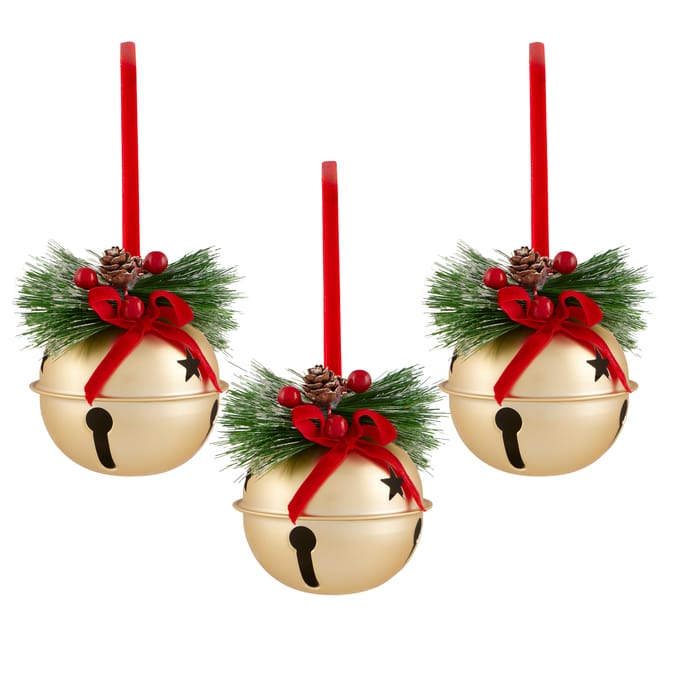 3-Pack Christmas Bell Hanging Ornaments – Festive Jingle Bells with Pine & Ribbon Décor