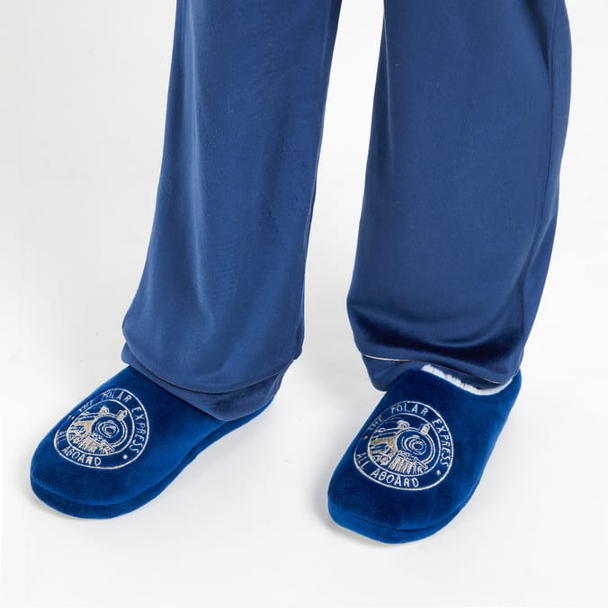 Polar Express All Aboard Blue Plush Slippers – Cozy Unisex Christmas House Shoes
