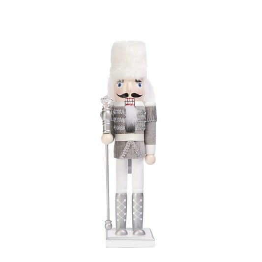 Silver & White Nutcracker King Figurine – Elegant Christmas Wooden Holiday Decoration