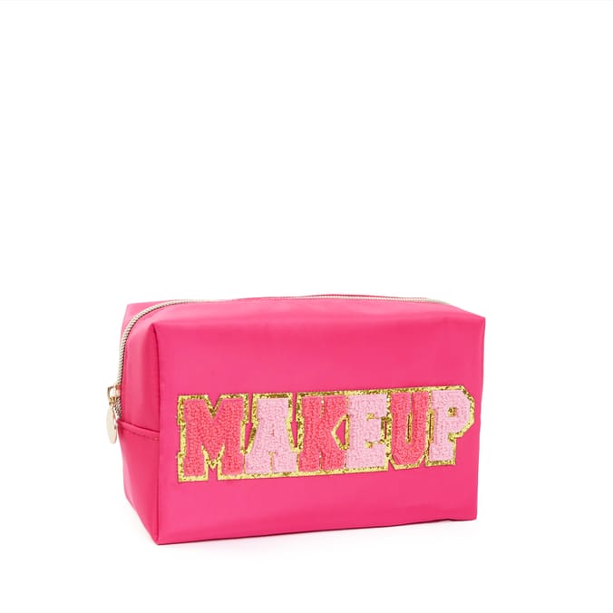 Pink Makeup Bag with Glitter Text – Cosmetic Zip Pouch