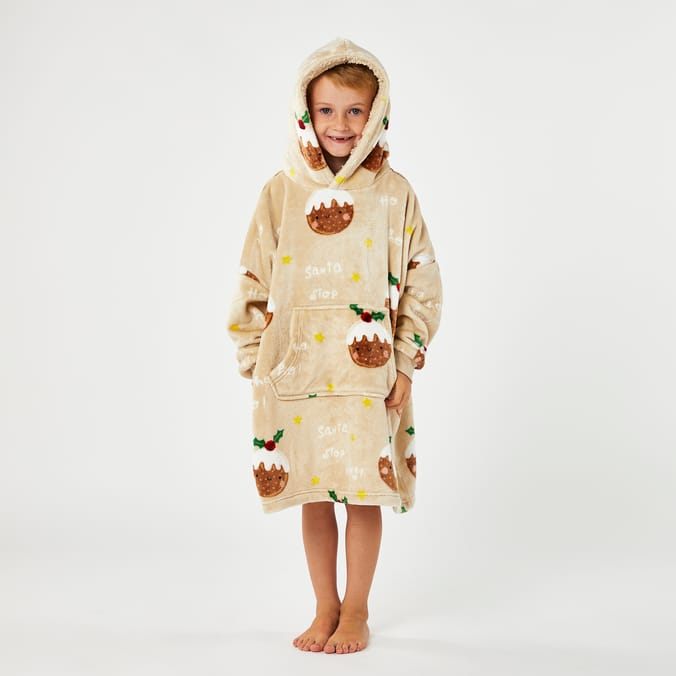 Kids Christmas Oversized Hoodie Blanket – Ultra Soft Wearable Blanket with Festive Pudding Print