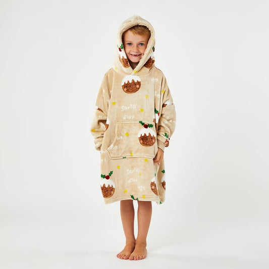 Kids Christmas Oversized Hoodie Blanket – Ultra Soft Wearable Blanket with Festive Pudding Print