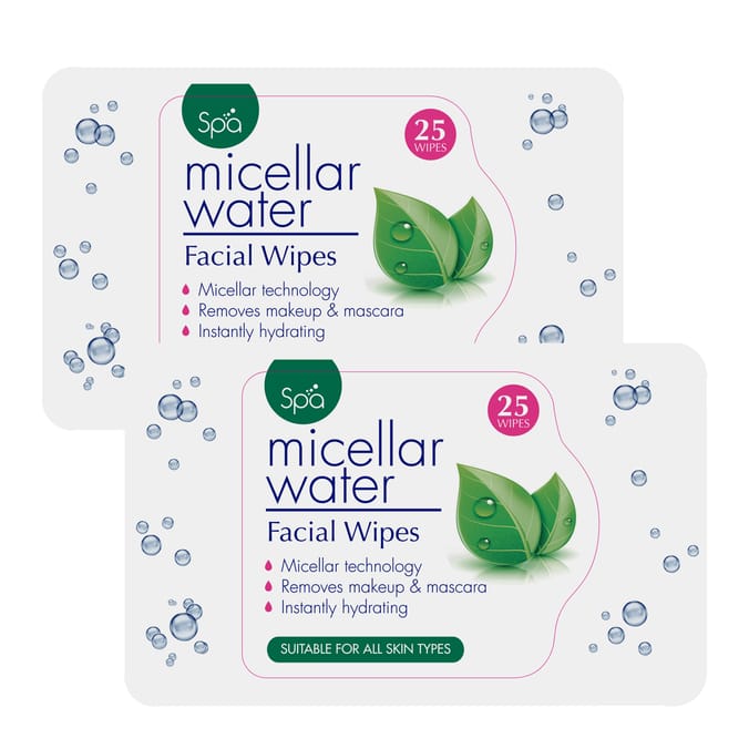 Spa Micellar Water Facial Wipes – 25 Wipes x 2 Packs (Gentle Cleanse & Refresh)