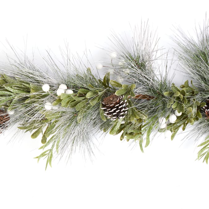 Frosted Pine & Mistletoe Winter Garland with Pinecones – 6 ft