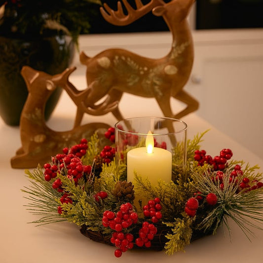 LED Christmas Candle Centrepiece with Festive Berry & Pine Wreath