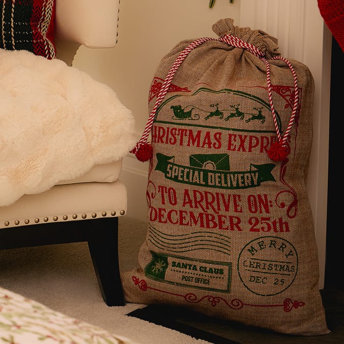 Christmas Express Burlap Santa Gift Sack – Large Vintage-Style Special Delivery Bag