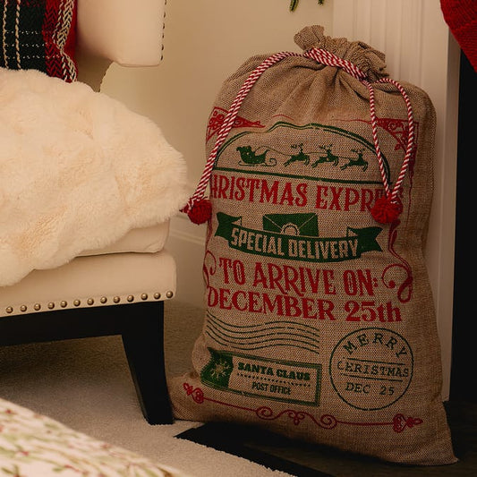 Christmas Express Burlap Santa Gift Sack – Large Vintage-Style Special Delivery Bag
