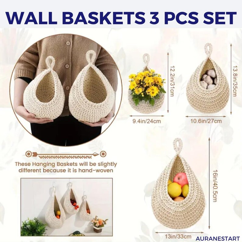 3 pc Wall Hanging Basket: Kitchen & Bathroom Organizer