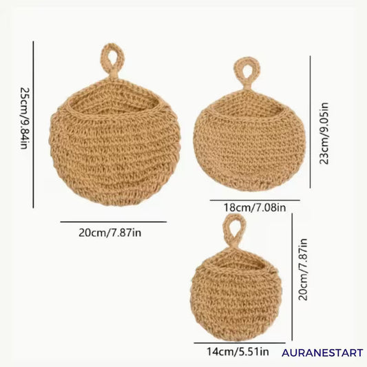 Jute Wall Hanging Basket Set: Rustic Farmhouse Kitchen Organizer
