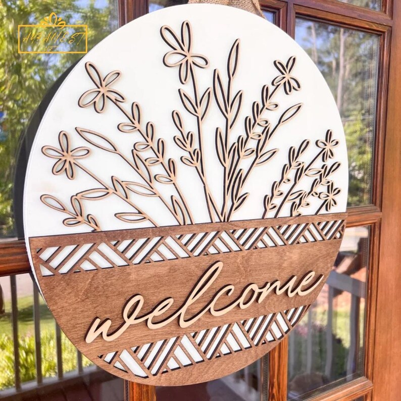 3D Wooden Welcome Door Hanger: Floral Entryway Decor