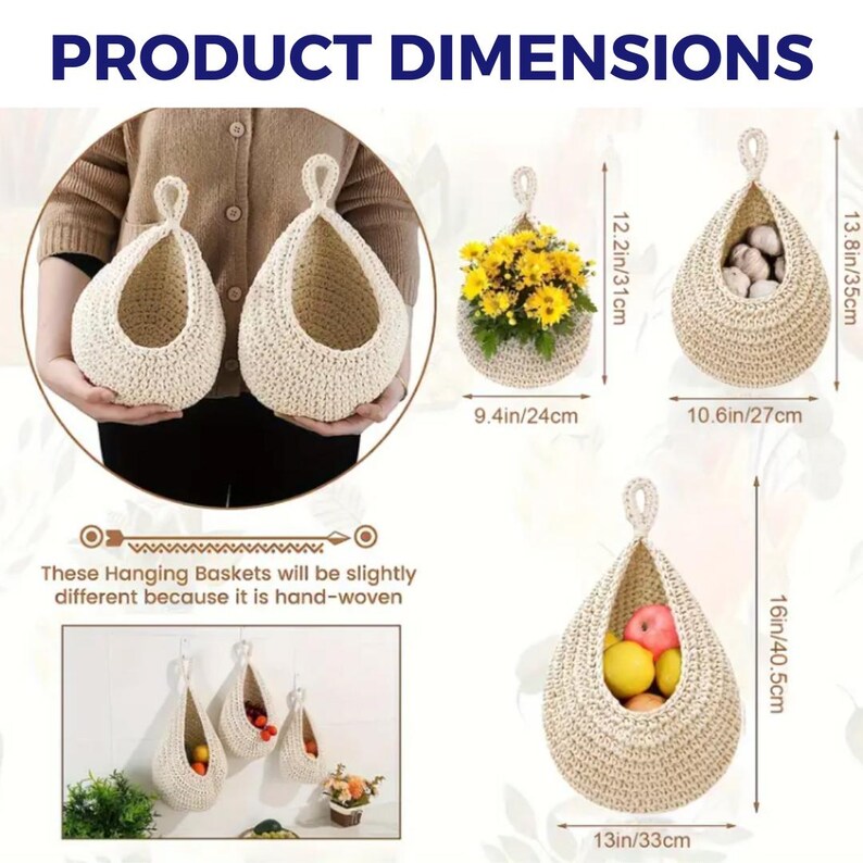 3 pc Wall Hanging Basket: Kitchen & Bathroom Organizer