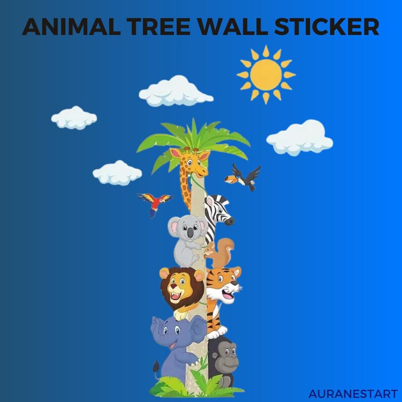 Baby Safari Animals Wall Decal: Nursery Coconut Tree Sticker