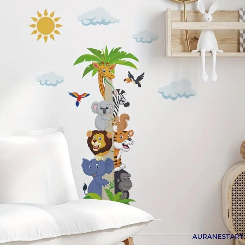 Baby Safari Animals Wall Decal: Nursery Coconut Tree Sticker