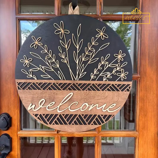 Engraved Wooden Welcome Door Hanger: Floral Front Door Decor