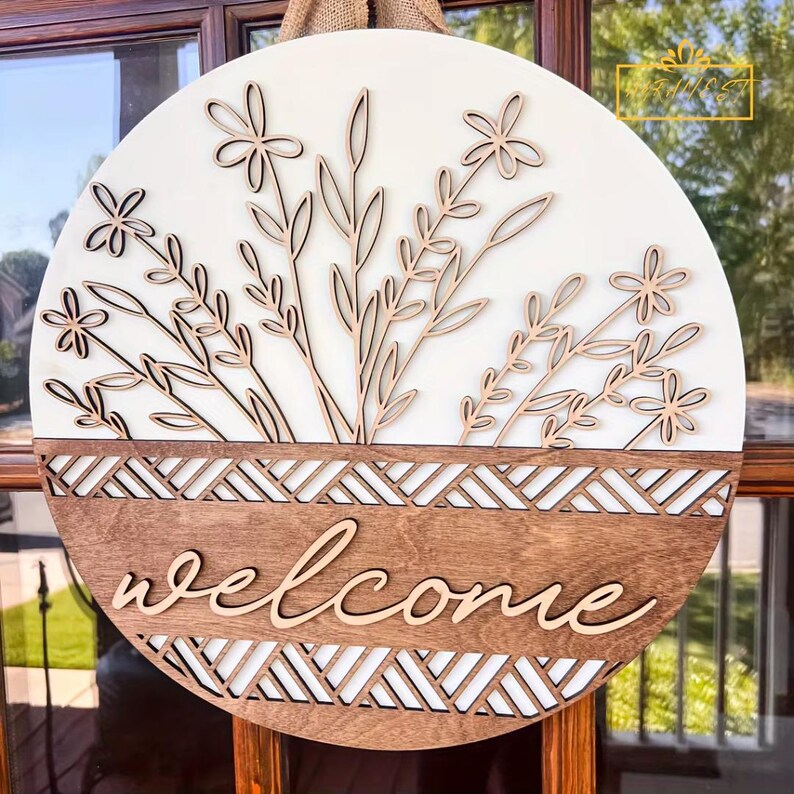 Engraved Wooden Welcome Door Hanger: Floral Front Door Decor