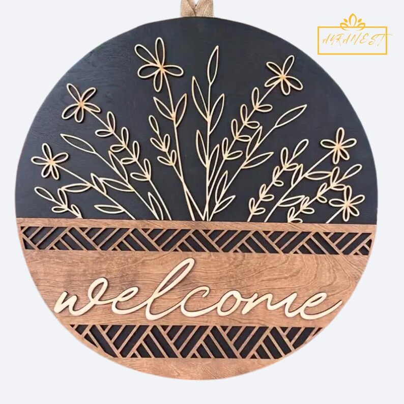 Engraved Wooden Welcome Door Hanger: Floral Front Door Decor