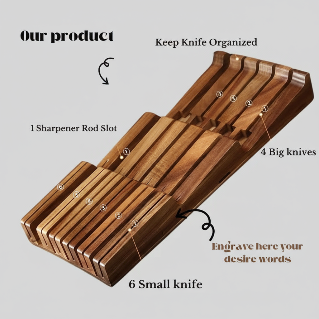 Magnetic Walnut Knife Block – Stylish Double-Sided Countertop Organizer for Modern Kitchens