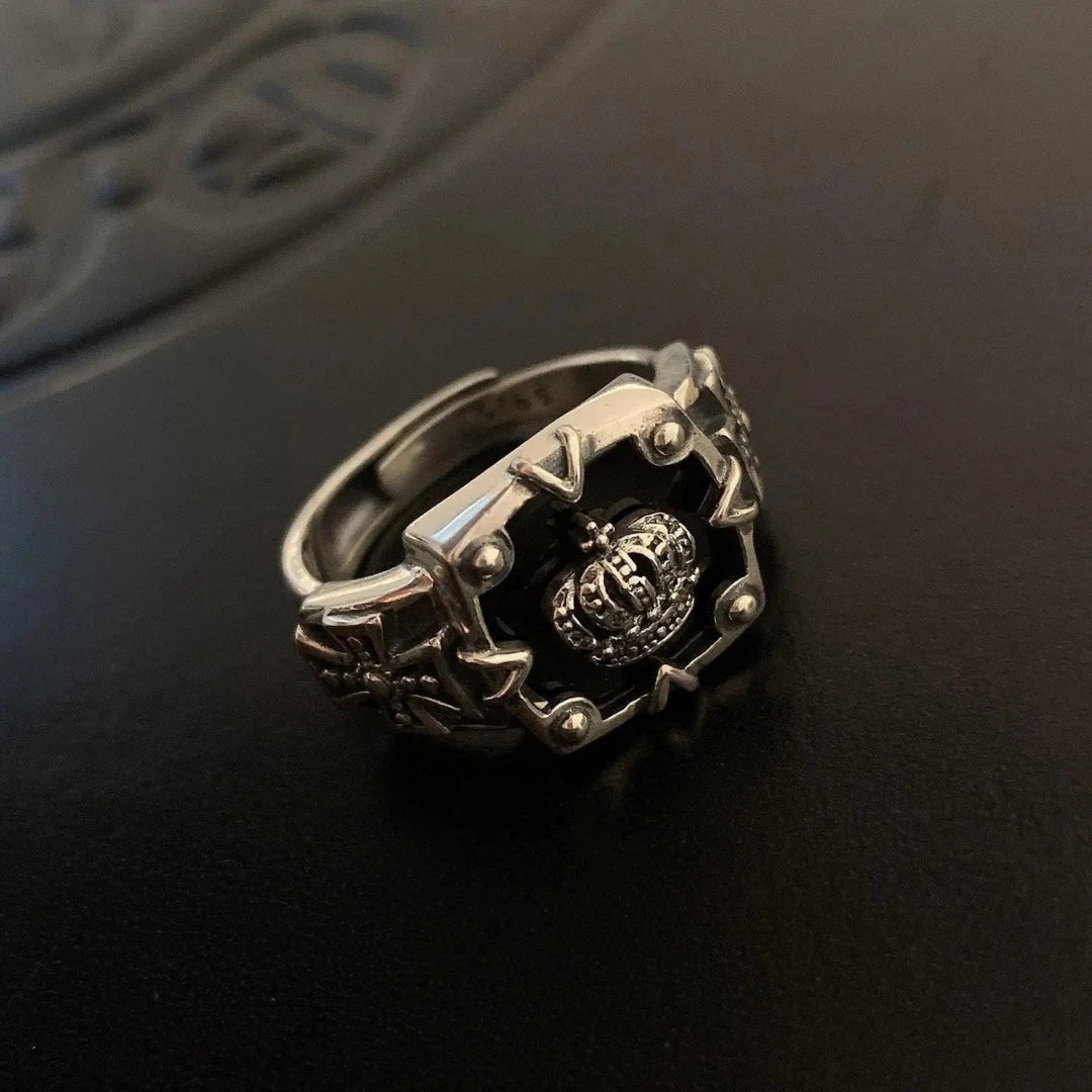 Vintage Crown Cross Ring Silver Gothic,Adjustable Punk Ring, Unisex Biker Ring