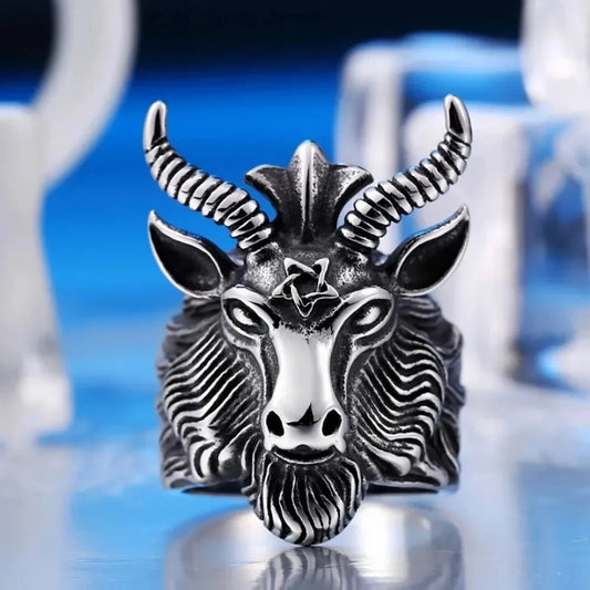 Vintage Gothic Satanic Goat Head Adjustable Ring, Lucifer Skull Punk Biker Ring