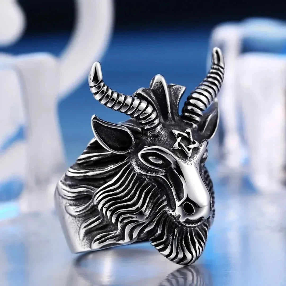 Vintage Gothic Satanic Goat Head Adjustable Ring, Lucifer Skull Punk Biker Ring