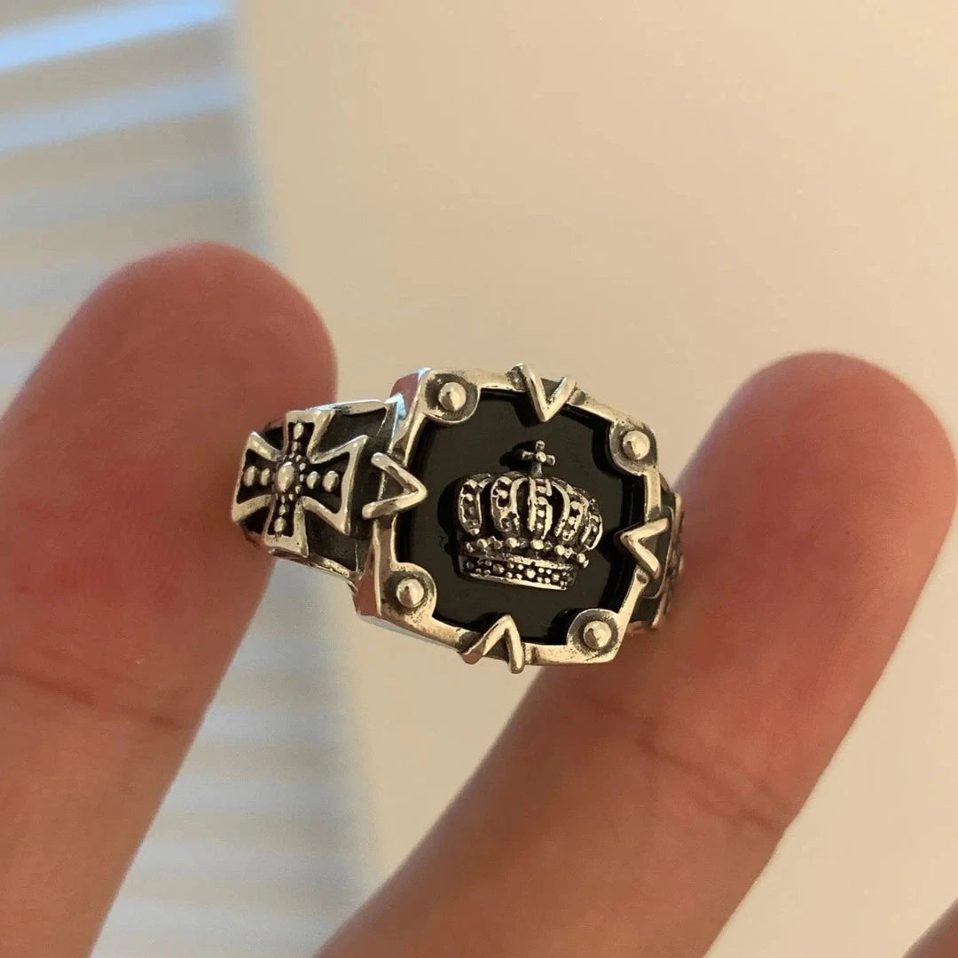 Vintage Crown Cross Ring Silver Gothic,Adjustable Punk Ring, Unisex Biker Ring