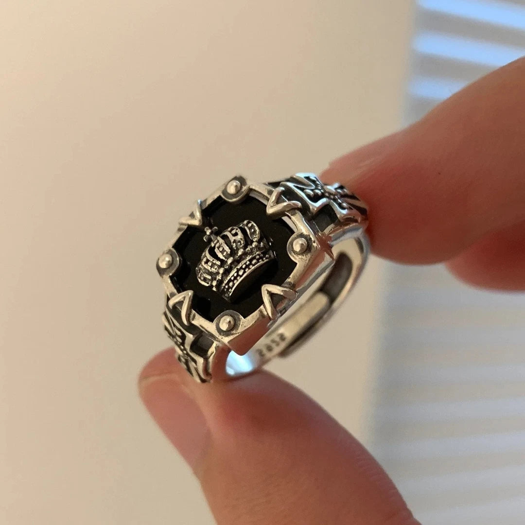 Vintage Crown Cross Ring Silver Gothic,Adjustable Punk Ring, Unisex Biker Ring