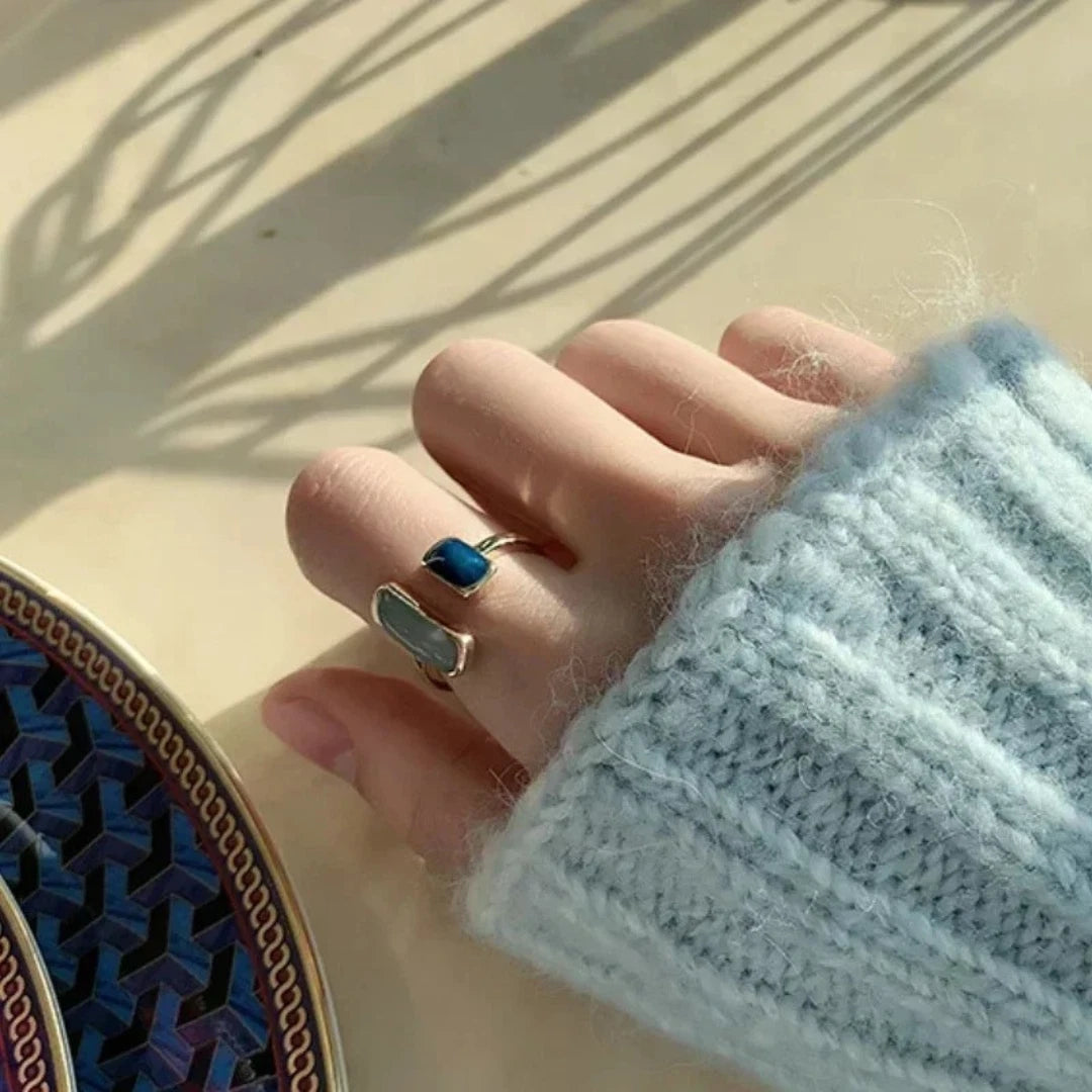 Sterling Silver Blue Stone Adjustable Rectangle Ring for Women Retro Trendy