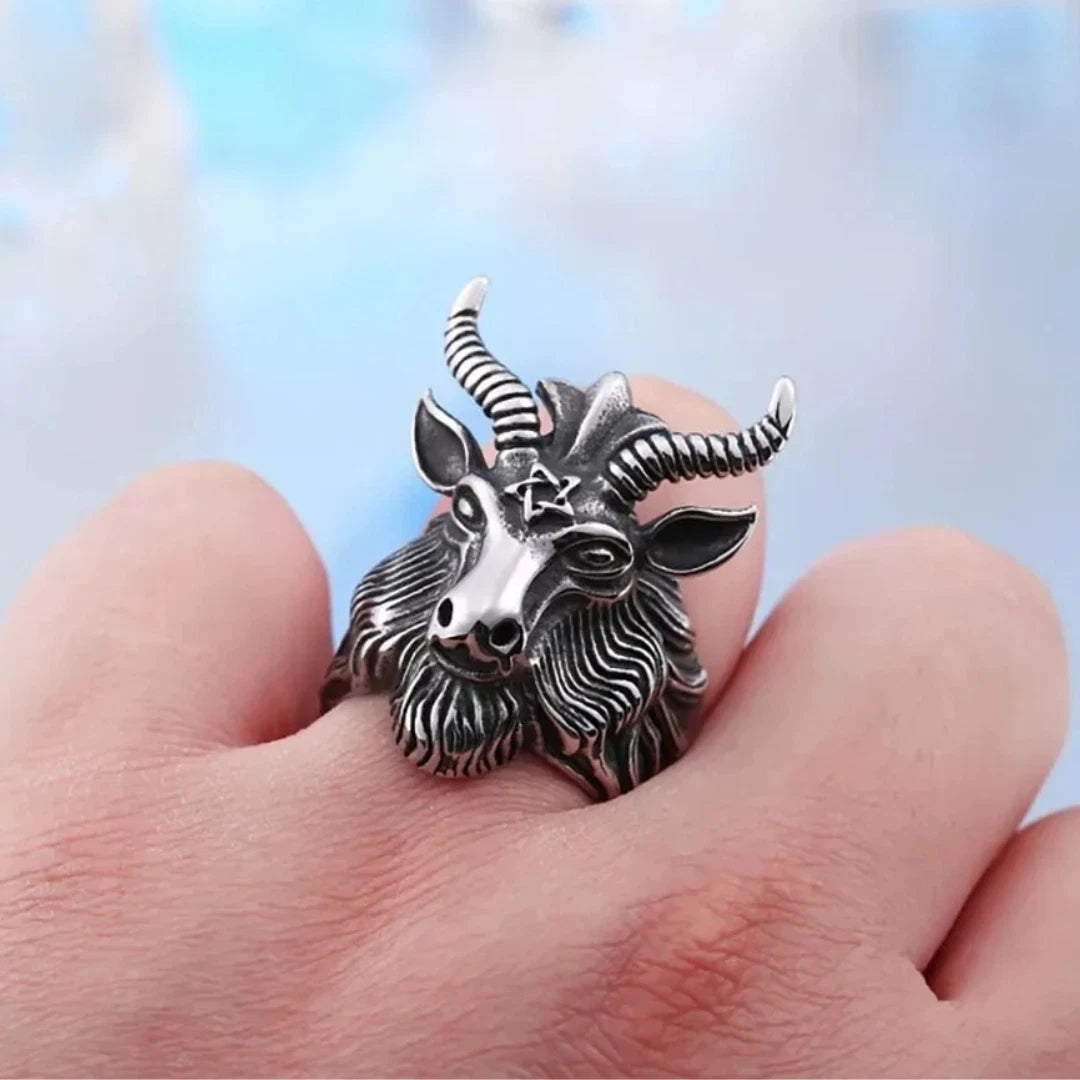 Vintage Gothic Satanic Goat Head Adjustable Ring, Lucifer Skull Punk Biker Ring