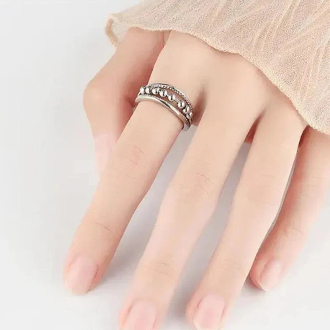 Sterling Silver Adjustable Fidget Beads Ring, Anxiety Relief Ring for Women