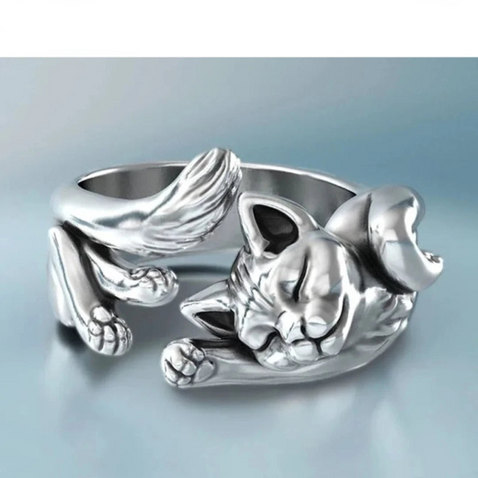 Silver Cat Kitten Cute Animal ,Vintage Cat Adjustable Ring Unisex Love Gift UK
