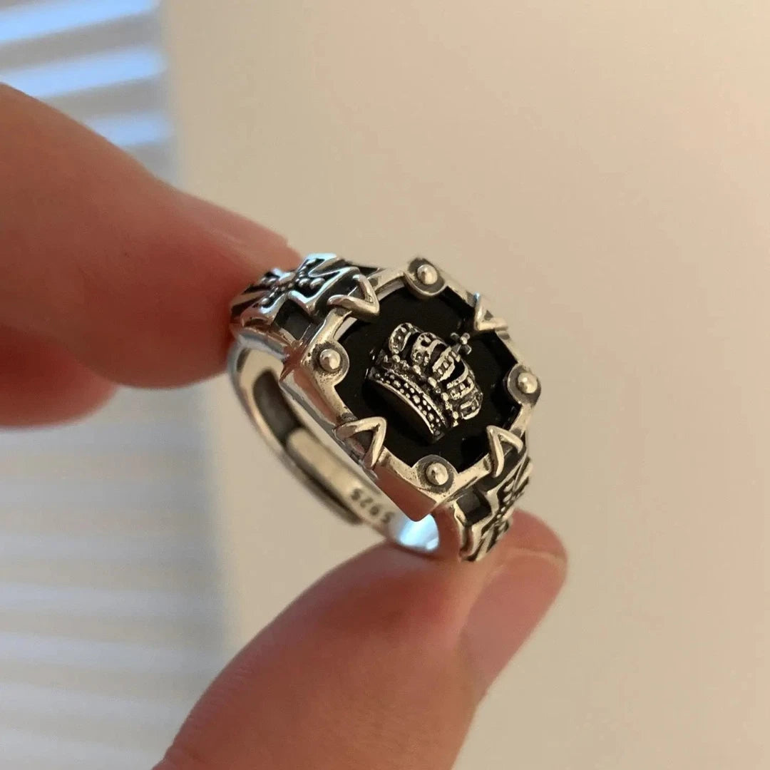 Vintage Crown Cross Ring Silver Gothic,Adjustable Punk Ring, Unisex Biker Ring