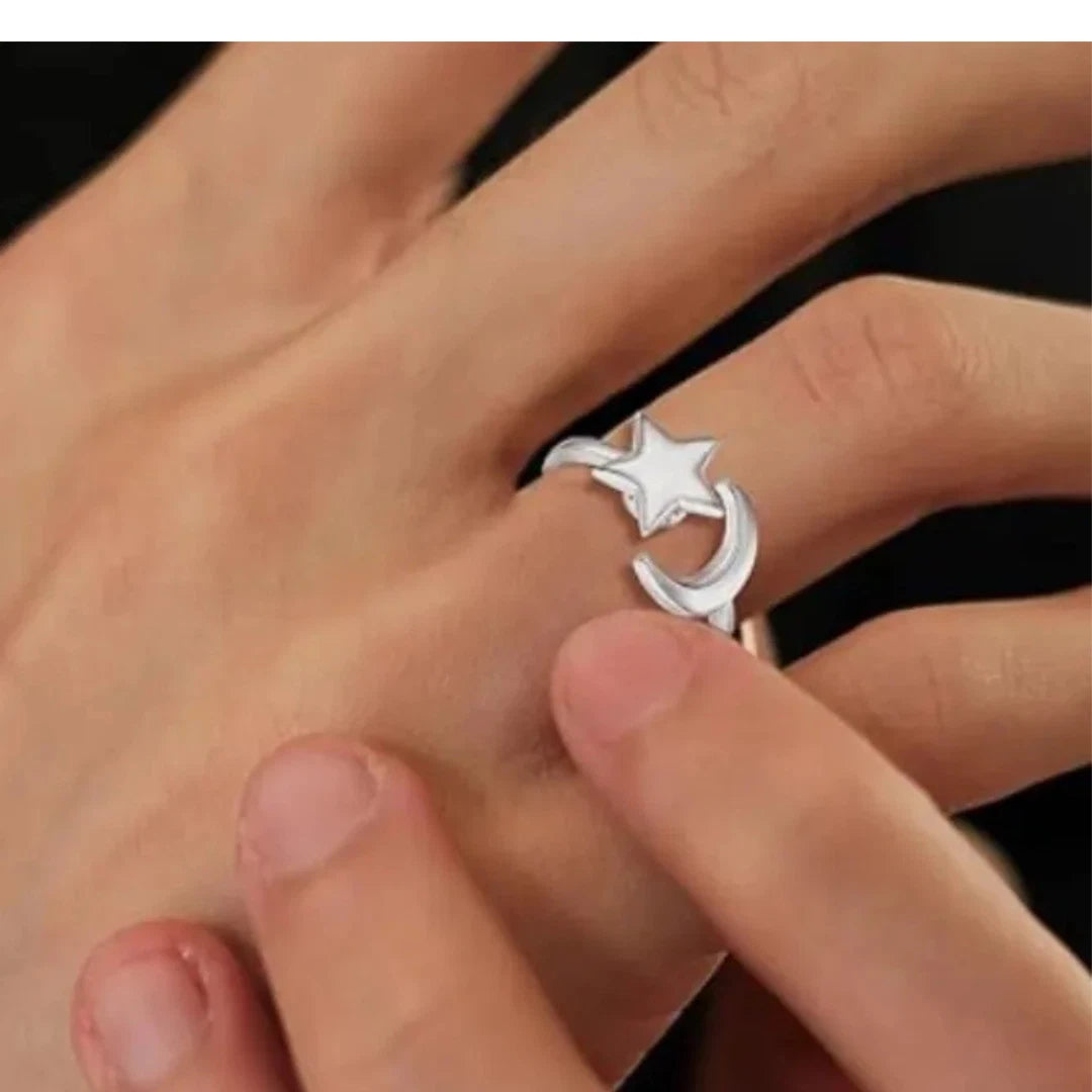 Silver Adjustable Rings Spinner Anti Anxiety Moon and Star Ring