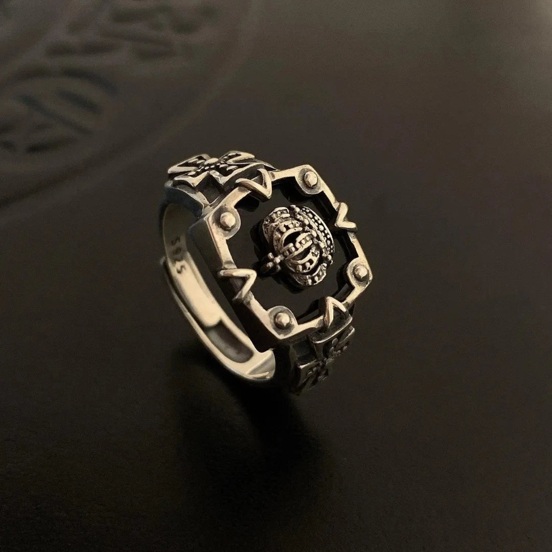 Vintage Crown Cross Ring Silver Gothic,Adjustable Punk Ring, Unisex Biker Ring