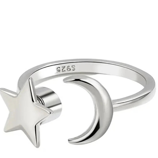 Silver Adjustable Rings Spinner Anti Anxiety Moon and Star Ring