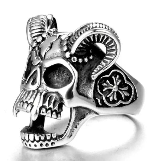 Adjustable Retro Horn Skull Men Ring, Gothic Punk Rock HipHop Large Skull Ring