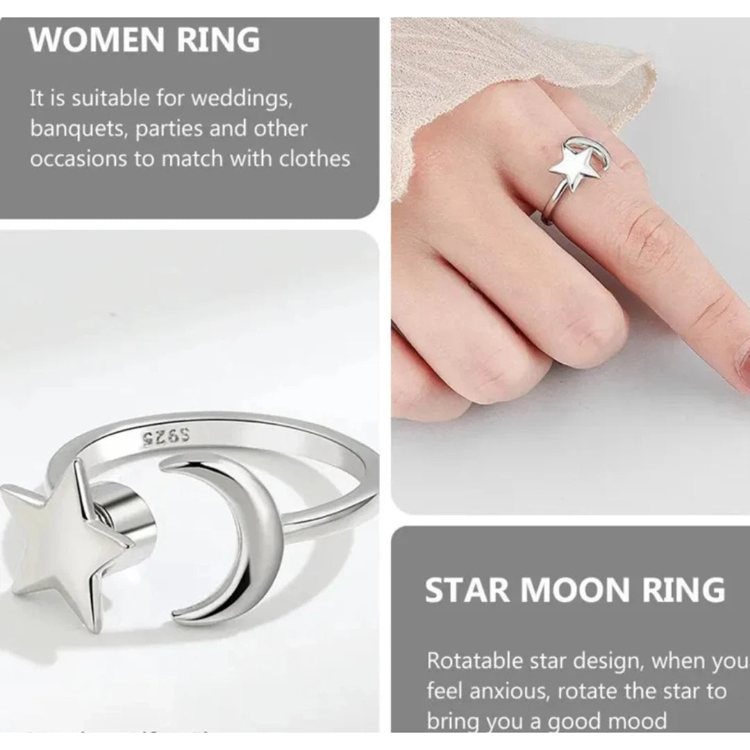 Silver Adjustable Rings Spinner Anti Anxiety Moon and Star Ring