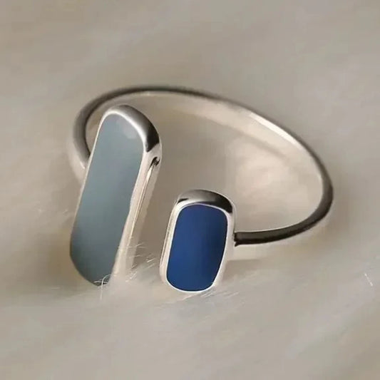 Sterling Silver Blue Stone Adjustable Rectangle Ring for Women Retro Trendy