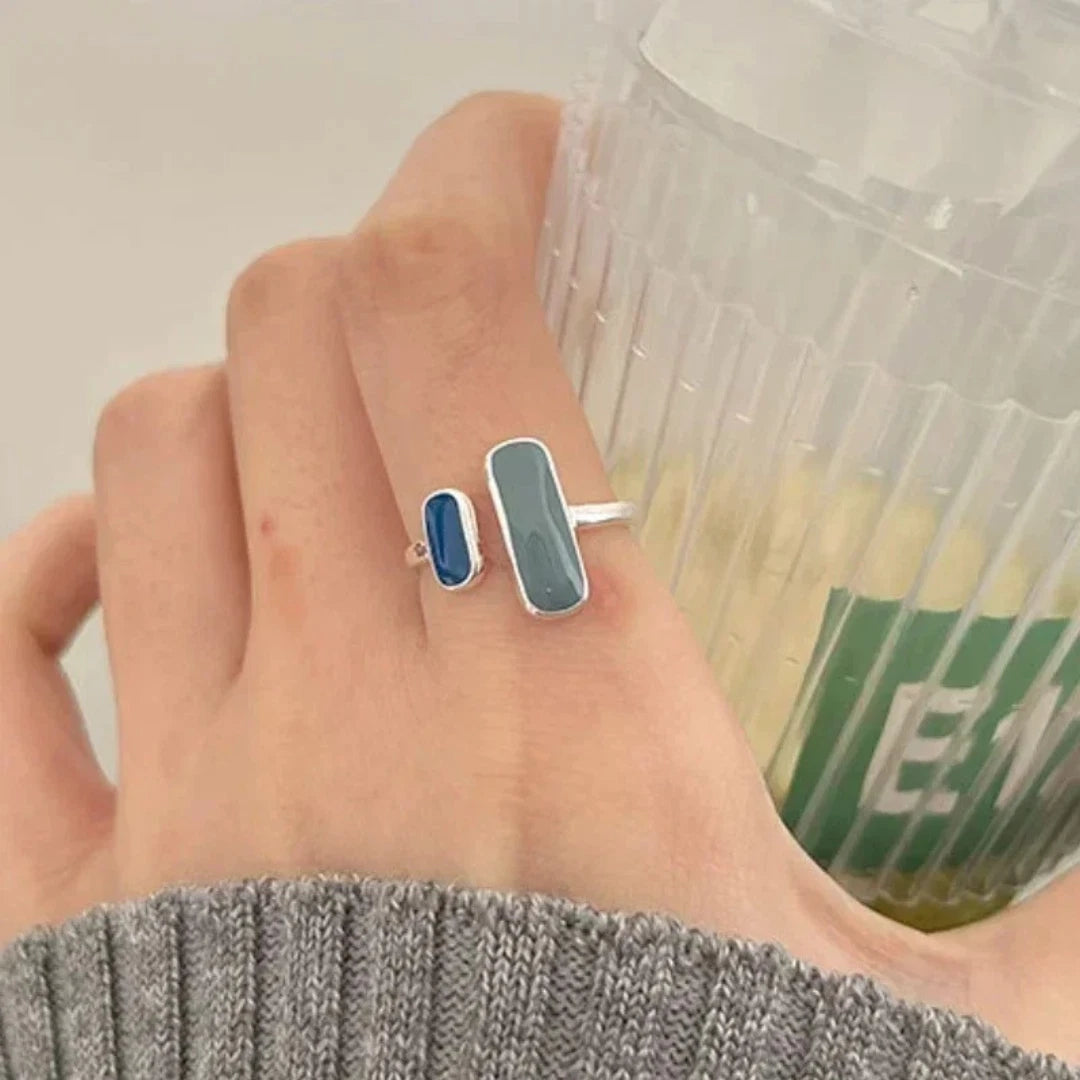 Sterling Silver Blue Stone Adjustable Rectangle Ring for Women Retro Trendy