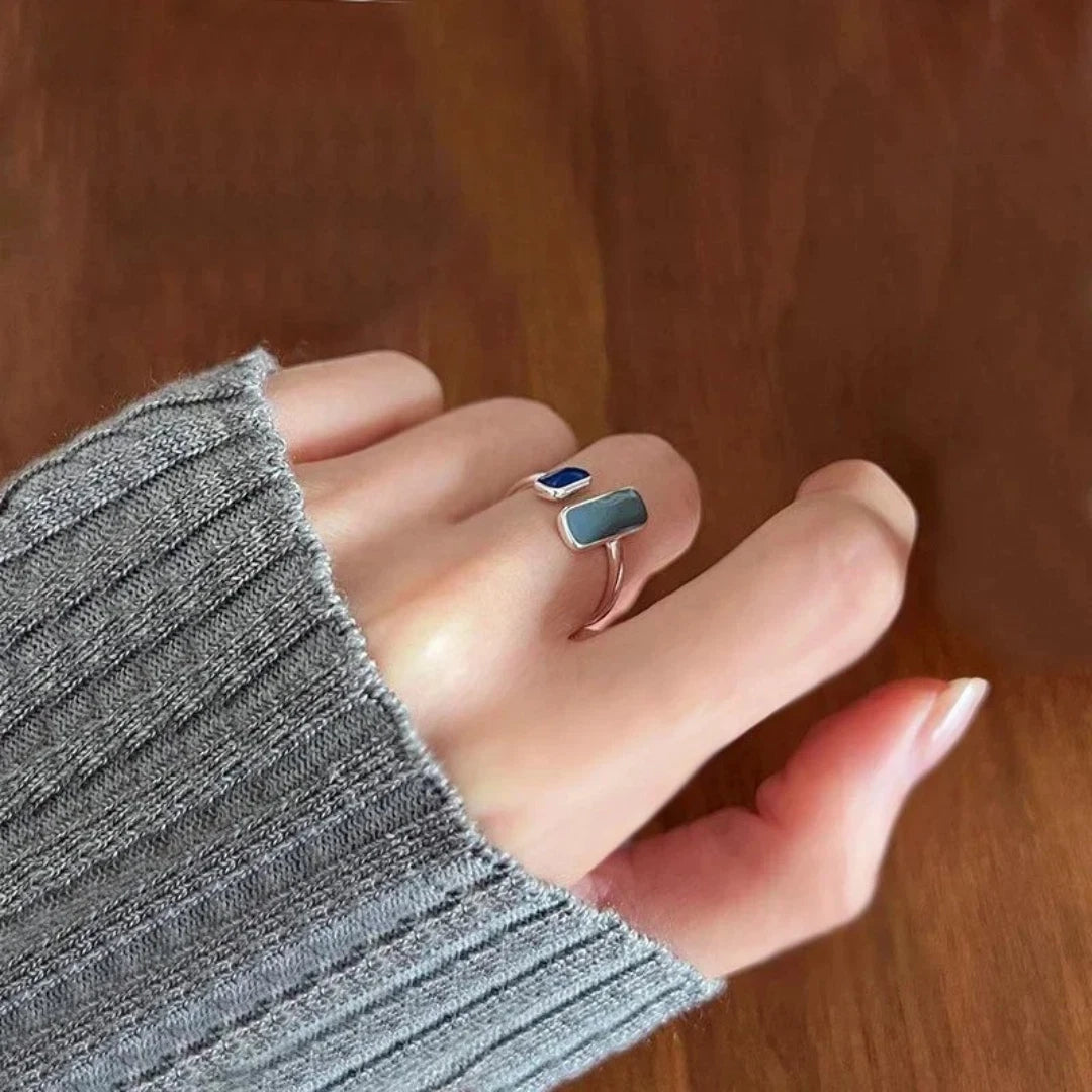 Sterling Silver Blue Stone Adjustable Rectangle Ring for Women Retro Trendy