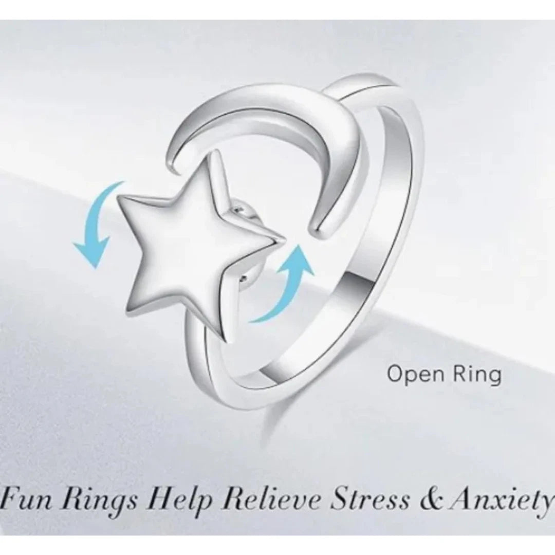 Silver Adjustable Rings Spinner Anti Anxiety Moon and Star Ring