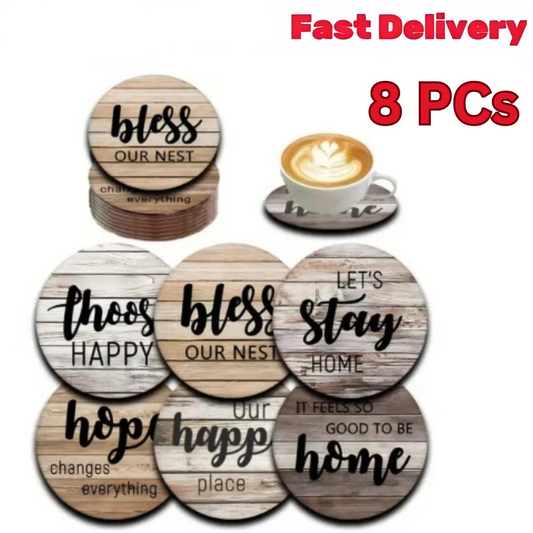 8pcs Wooden Coffee Cup Coasters Set - Heat Resistant & Decorative Tableware Mats