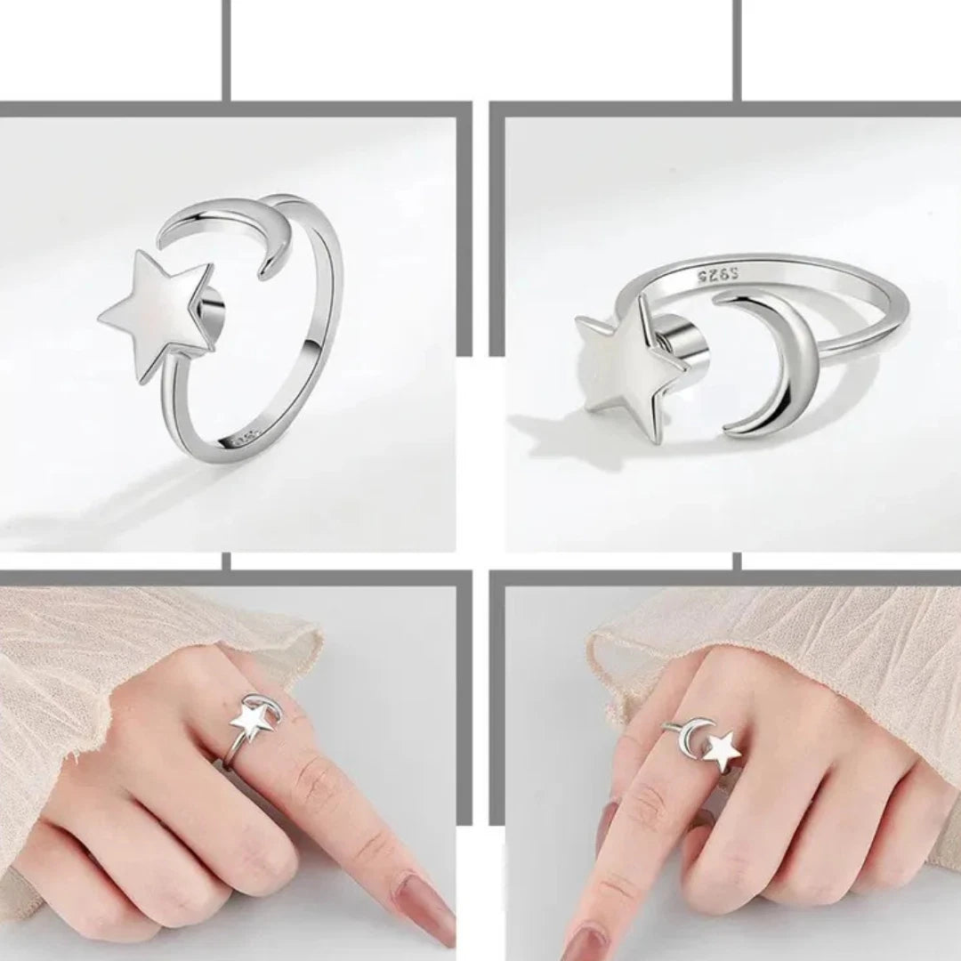 Silver Adjustable Rings Spinner Anti Anxiety Moon and Star Ring