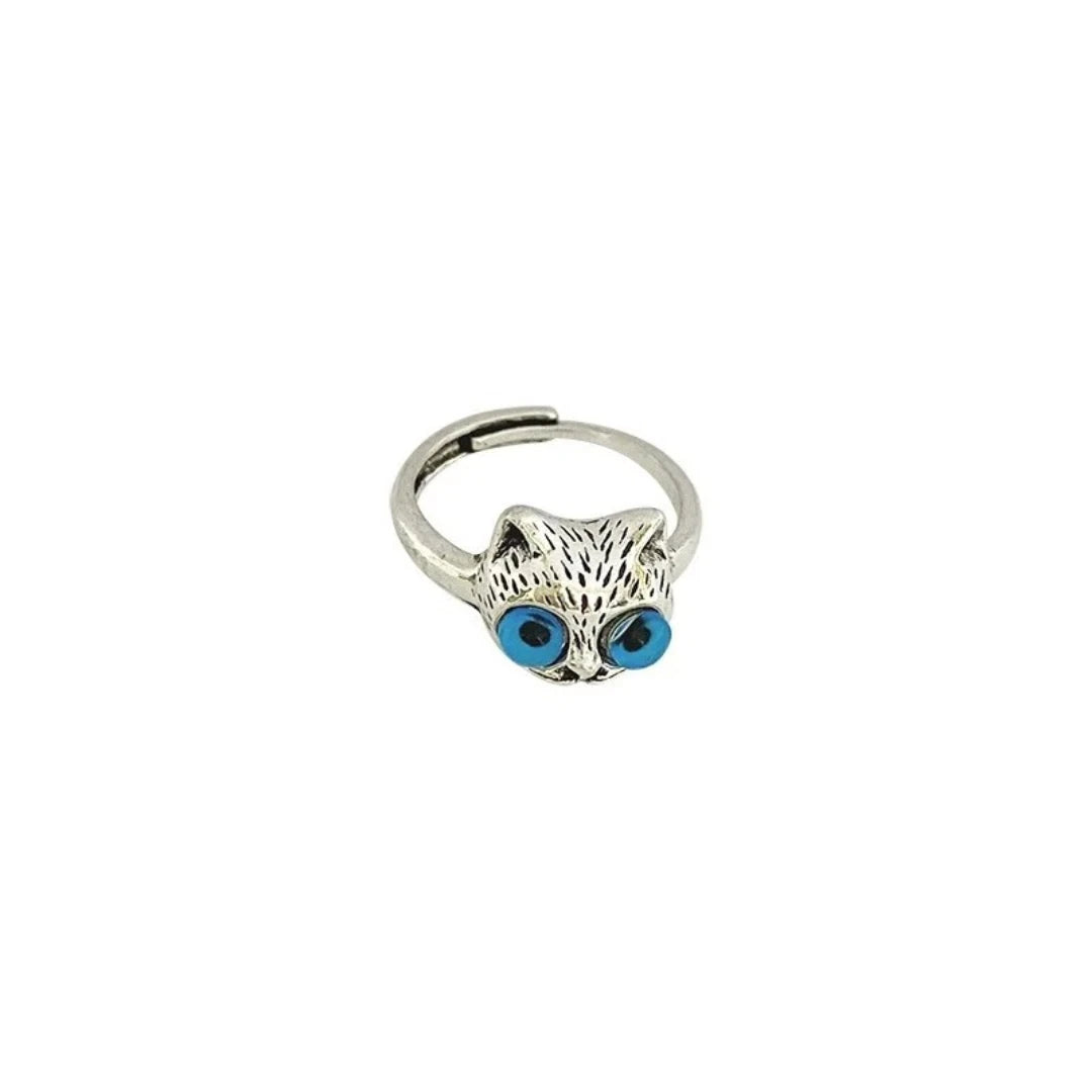 Silver Cat Ring Adjustable Blue Eye Cat Ring for Women Cute Ring Gift