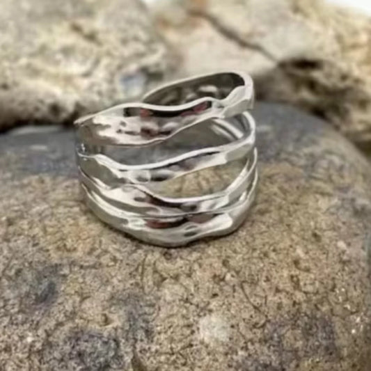 Multi Layer Stainless Steel Ring, Hammered Adjustable Thumb Ring, Statement Ring
