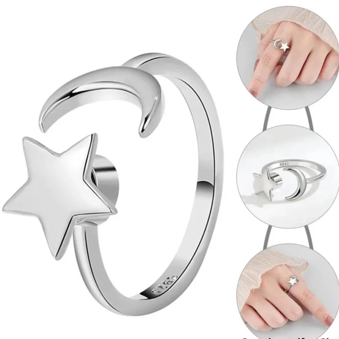 Silver Adjustable Rings Spinner Anti Anxiety Moon and Star Ring