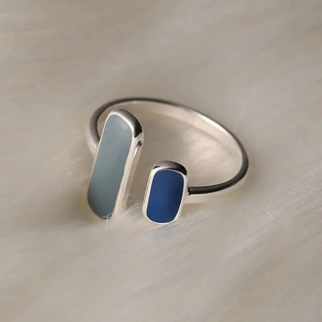 Sterling Silver Blue Stone Adjustable Rectangle Ring for Women Retro Trendy